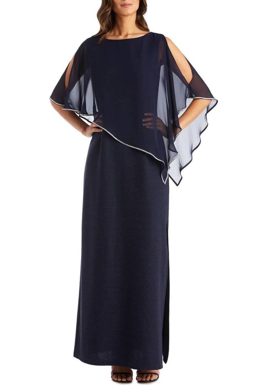 NEW R&M RICHARDS sheer cape long evening dress in navy